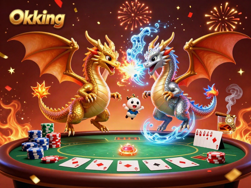 Engage with Okking's vibrant gaming scene featuring twin dragons amidst poker elements.