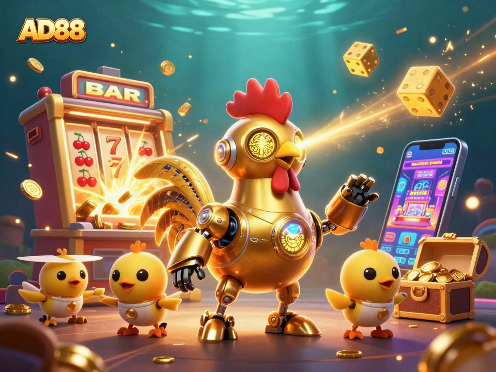 Win with AD88 in this vibrant, immersive casino scene featuring retro-futuristic elements.