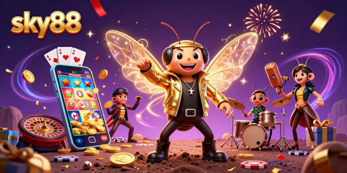 Experience exciting gameplay with sky88's vibrant casino elements in a colorful 3D illustration.