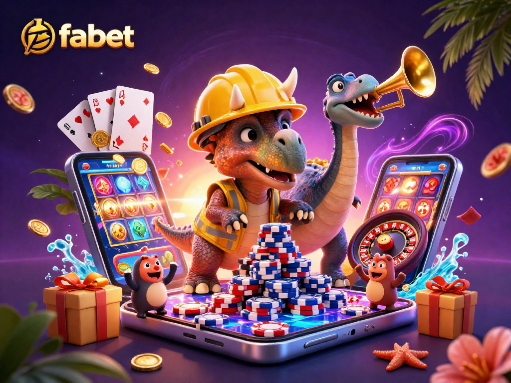 Fabet casino features vibrant gaming scene with dynamic characters celebrating wins.