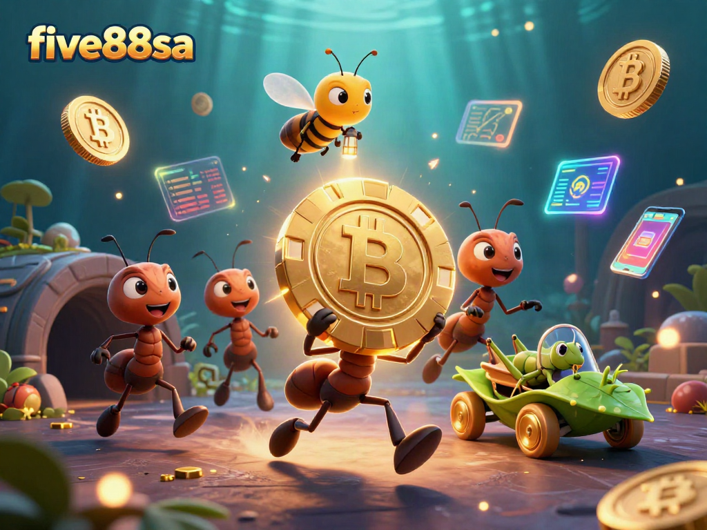 Engage in the thrilling adventure of five88sa with ants carrying a giant poker chip and crypto elements.