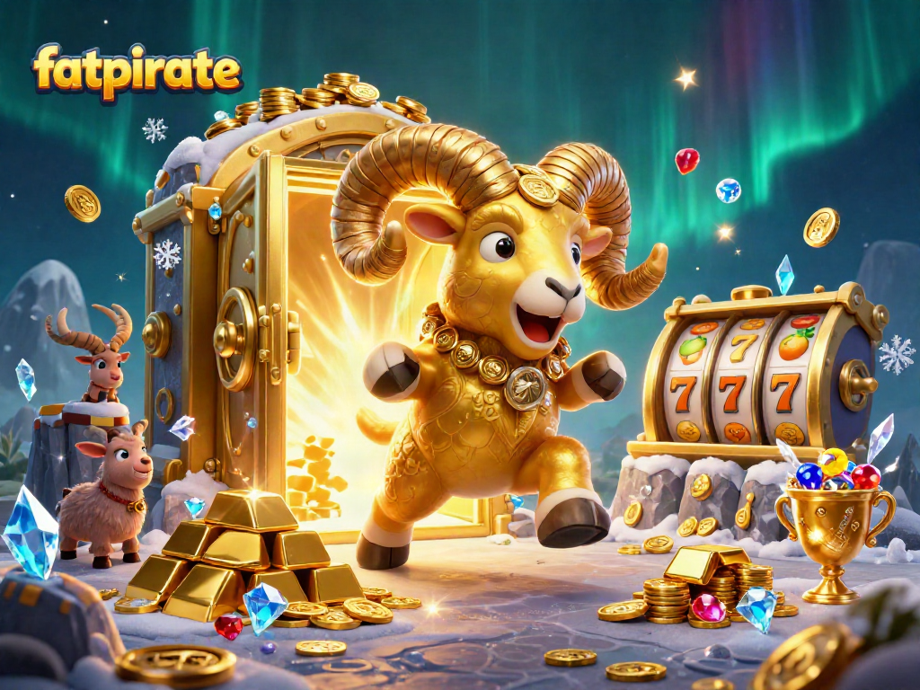 Experience the excitement of fatpirate with a dynamic casino-themed illustration showcasing golden treasures and slot reels.