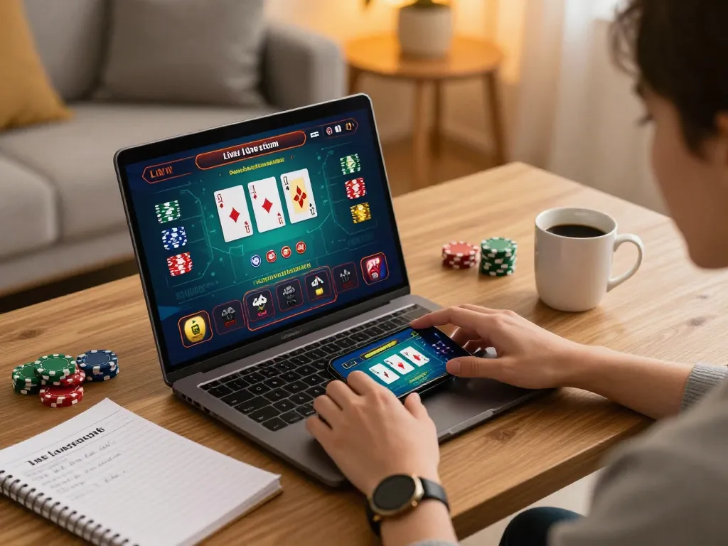 Engaging in online gambling on F8bet with a laptop and smartphone in a cozy environment.