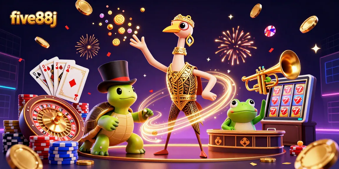 five88j showcases a vibrant casino scene featuring animated characters amidst cascading coins and roulette wheels.