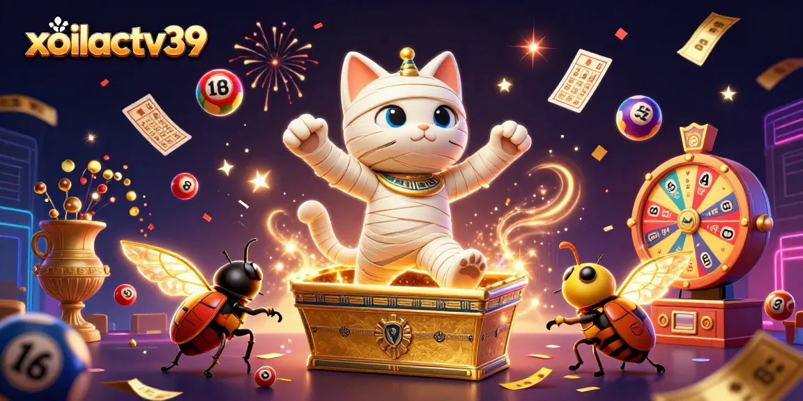 Experience thrilling action with xoilactv39 as a mummy cat bursts from a golden sarcophagus in a lively casino setting.