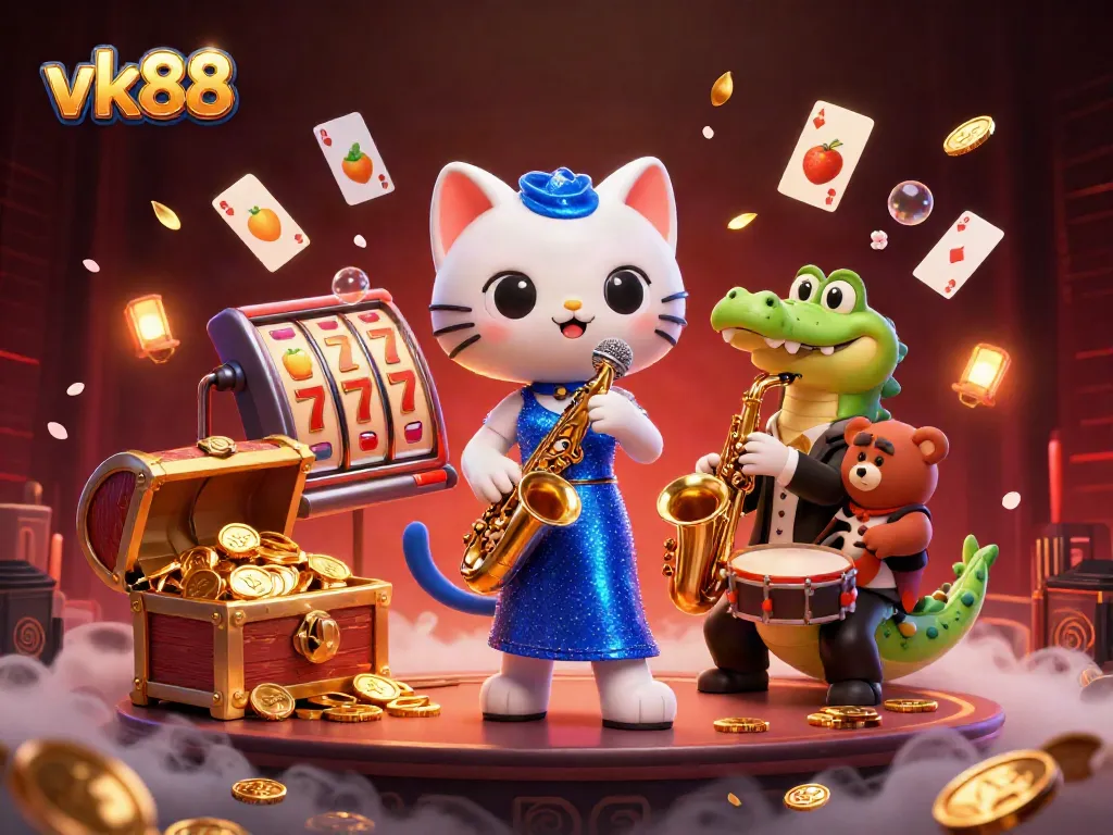 Experience thrilling wins at vk88 with vibrant characters and casino elements in a dynamic 3D scene.