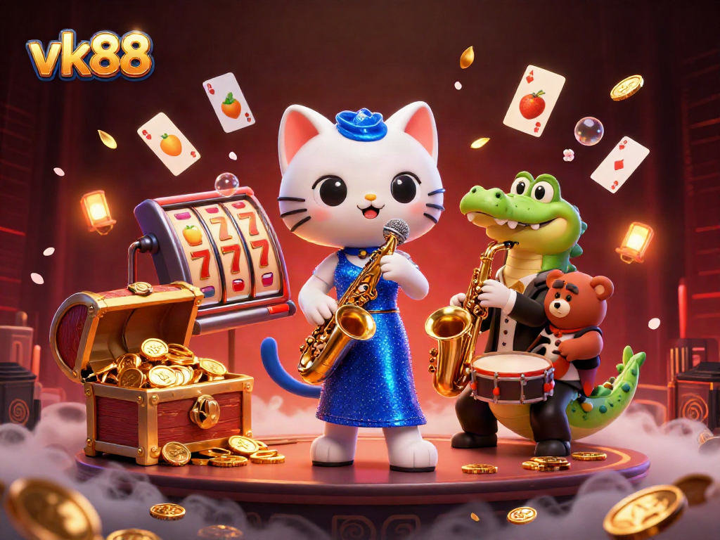 Experience thrilling wins at vk88 with vibrant characters and casino elements in a dynamic 3D scene.