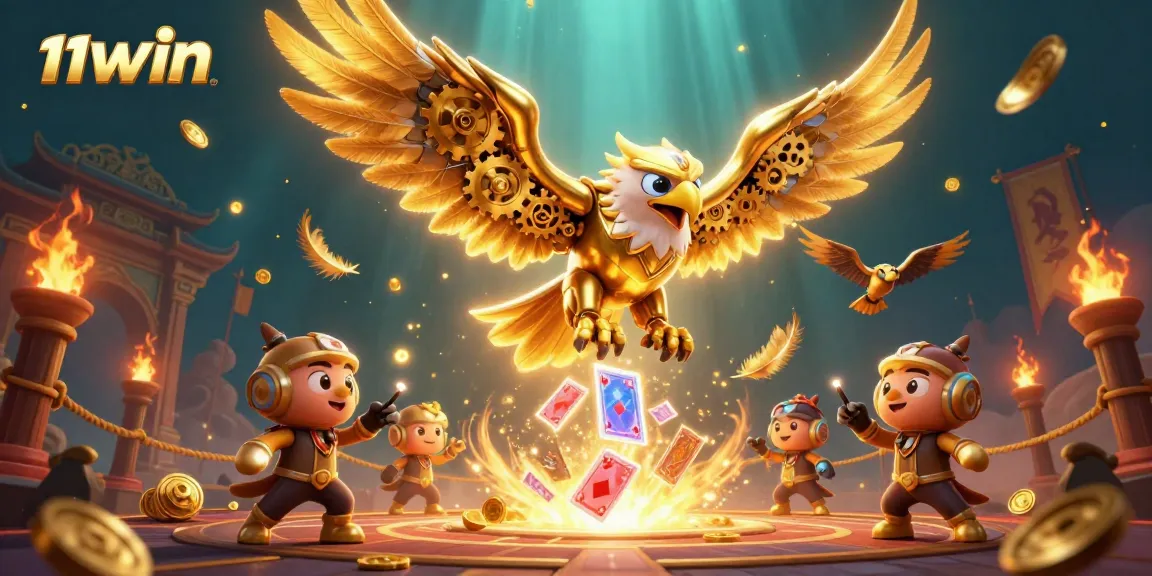 Experience thrilling gaming action at 11WIN with a vibrant 3D illustration of a cybernetic eagle.