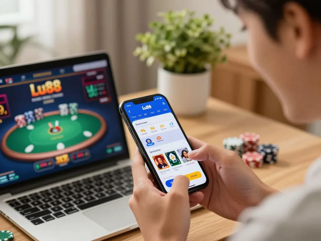 Engaging scene showing player using Link đăng ký Lu88 app on smartphone for online betting.