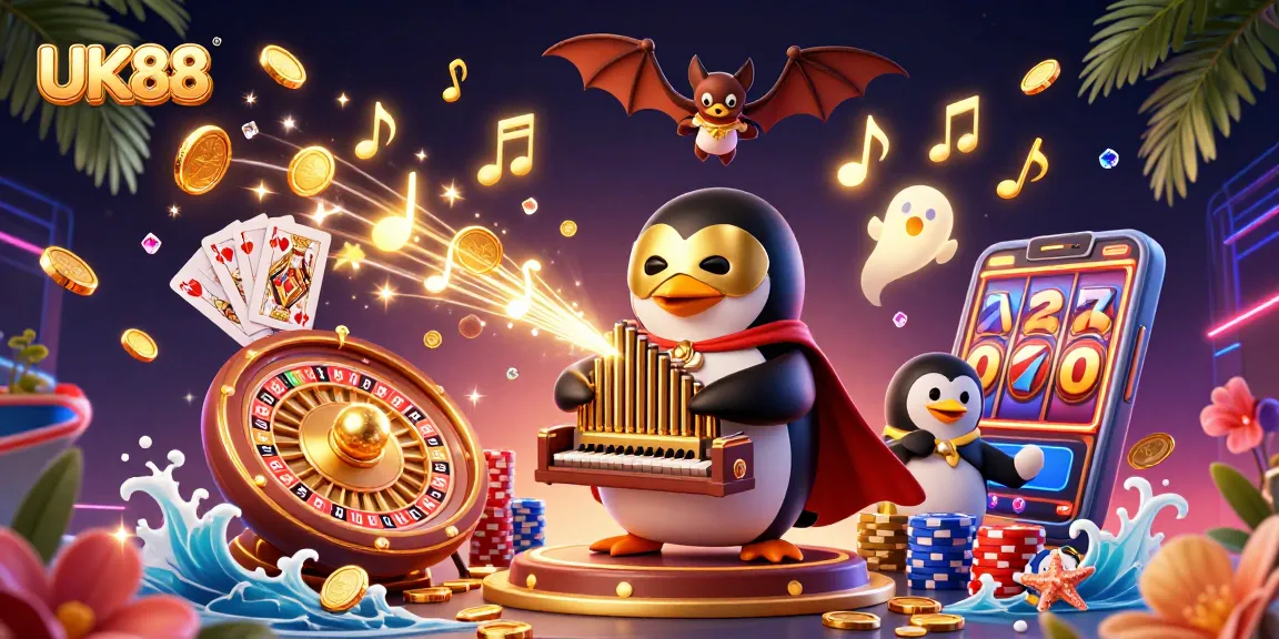 UK88 promotes exciting gameplay with a phantom penguin and gold-filled casino atmosphere.