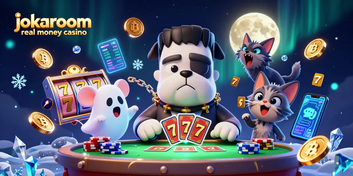 Play at jokaroom real money casino with a lively scene of characters engaging in card games and crypto elements.