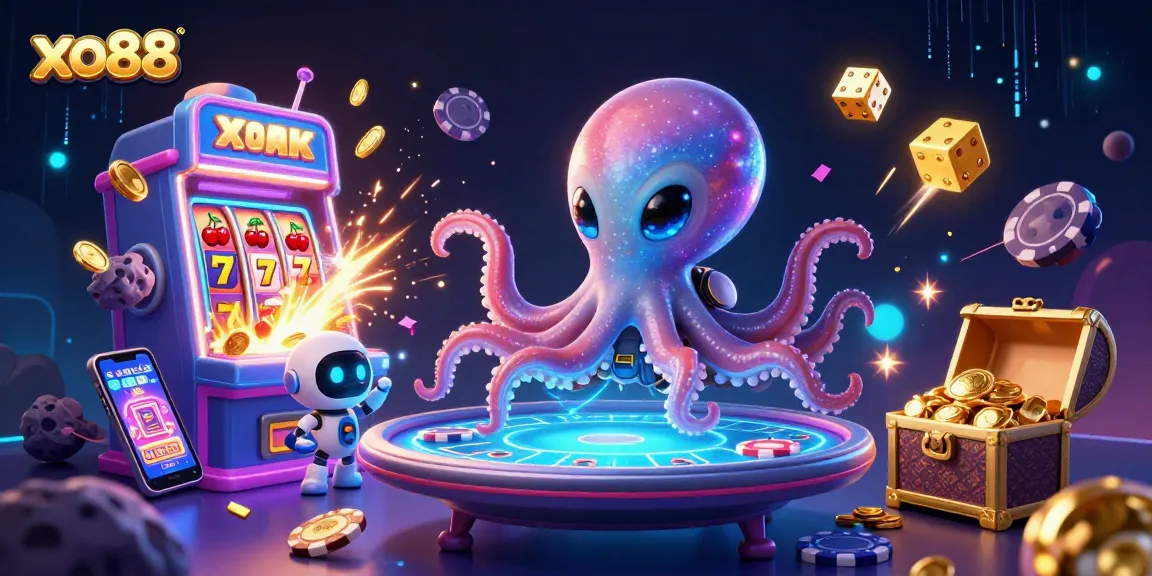 Experience the rich casino excitement of xo88 with a cartoon octopus at a poker table surrounded by vibrant game elements.