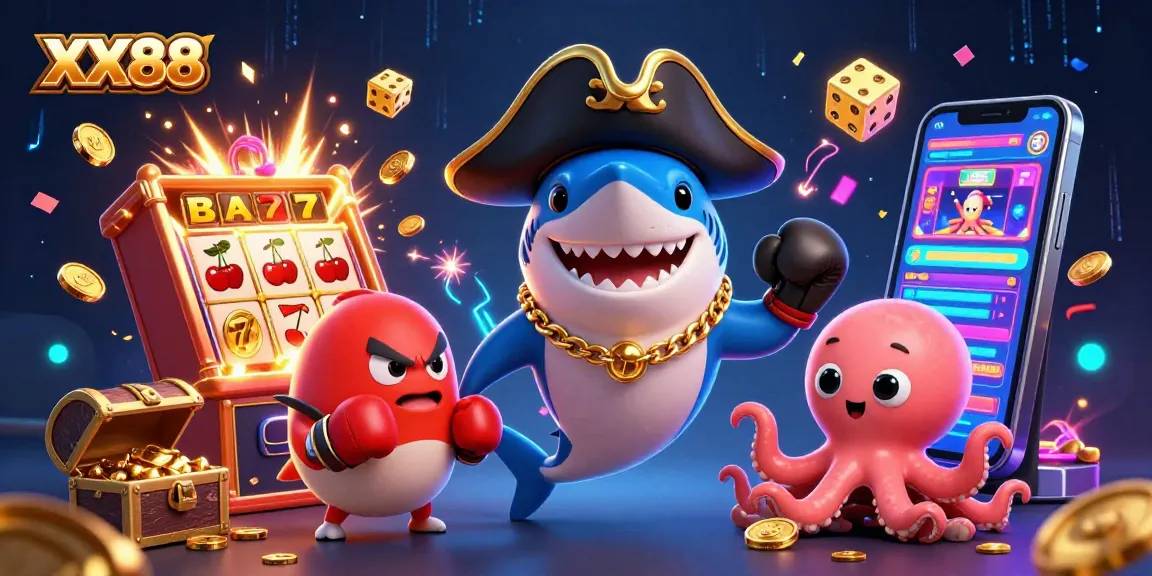 Spin to win with XX88 in this vibrant cartoon casino scene featuring playful characters and rich gaming elements.
