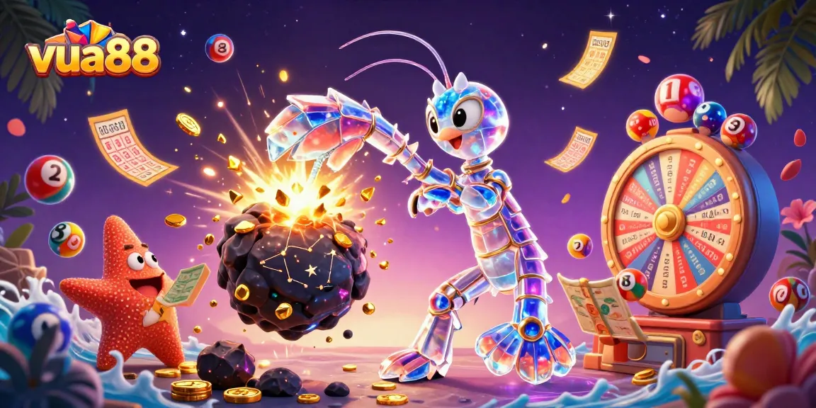 Experience the excitement of vua88 with a galactic samurai mantis shrimp battling for golden gems among vibrant lottery elements.