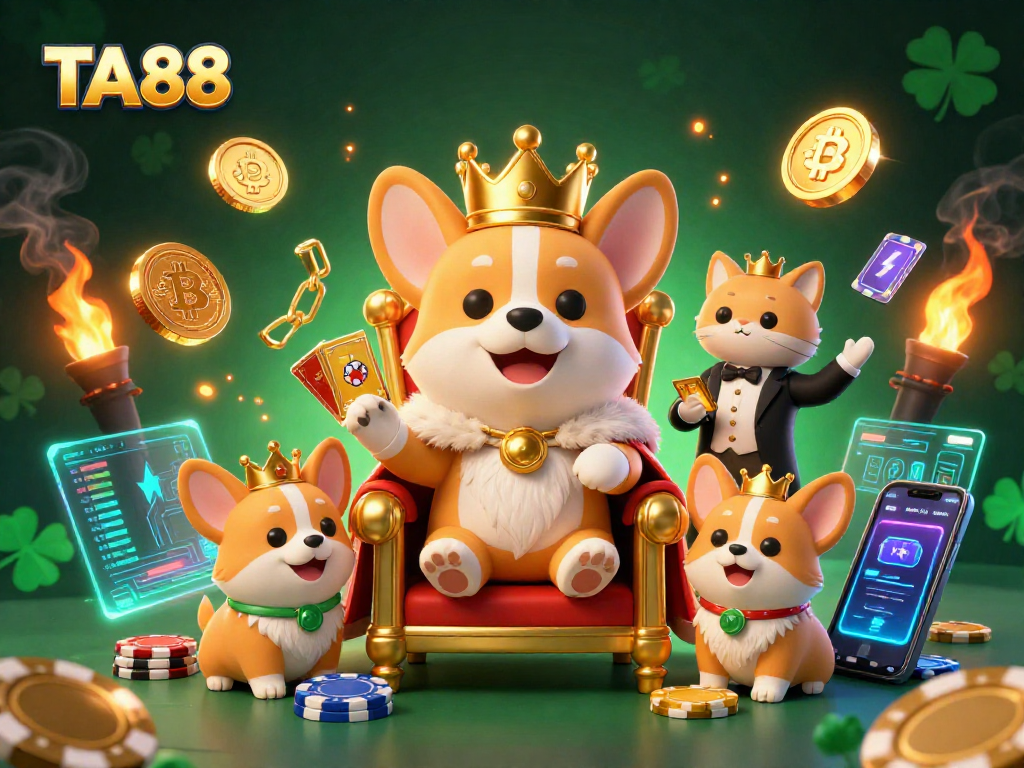 Join TA88's royal corgi in a vibrant 3D casino scene brimming with Bitcoin wealth.