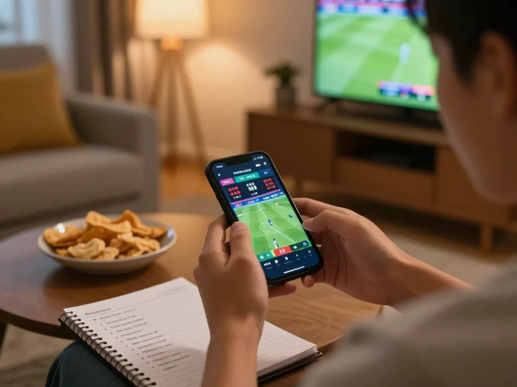 Engaged player using nk88 for live sports betting on smartphone in cozy home setting.