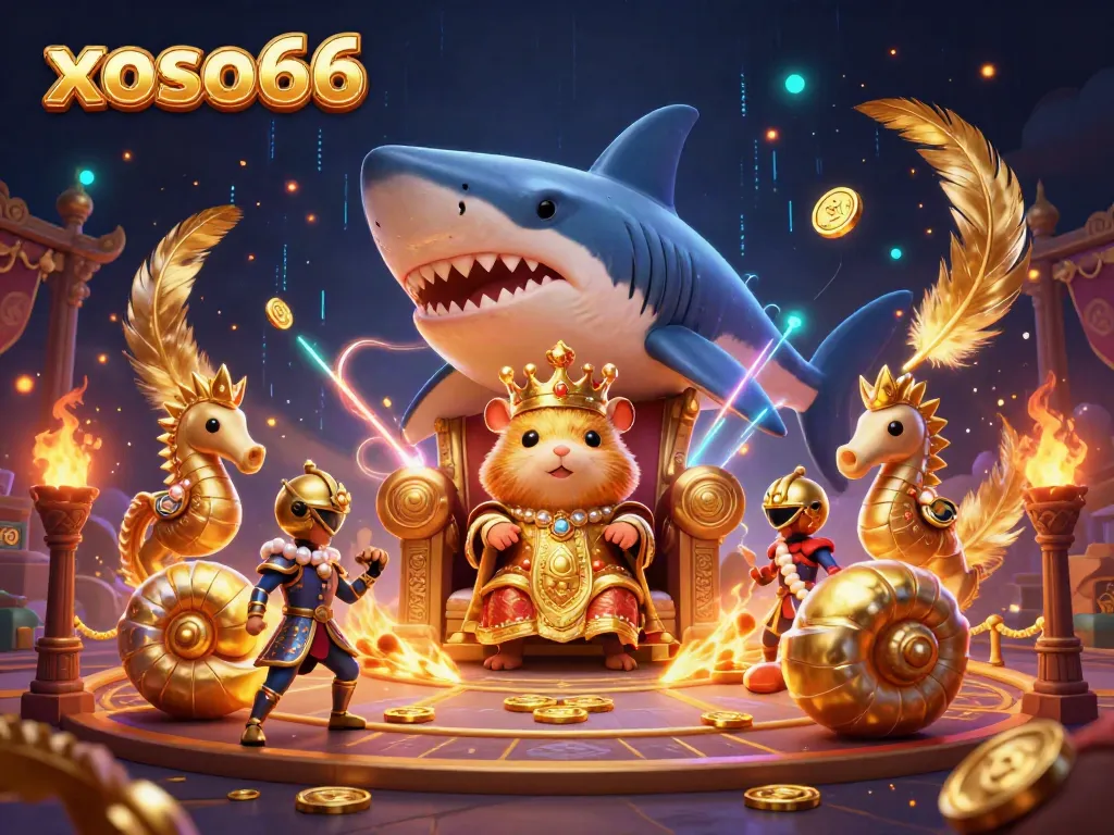 Experience the thrill of xoso66 with a dynamic illustration of a golden hamster king and seahorse guards in a casino-themed scene.