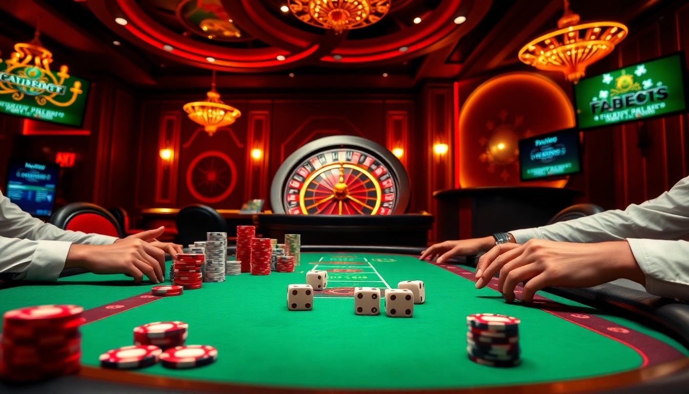 Experience the thrill of betting at https://fabet3.com/ with a vibrant casino scene featuring poker tables and roulette.