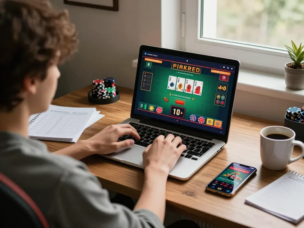 Player engaging in online kp88 casino blackjack game from a cozy home office.