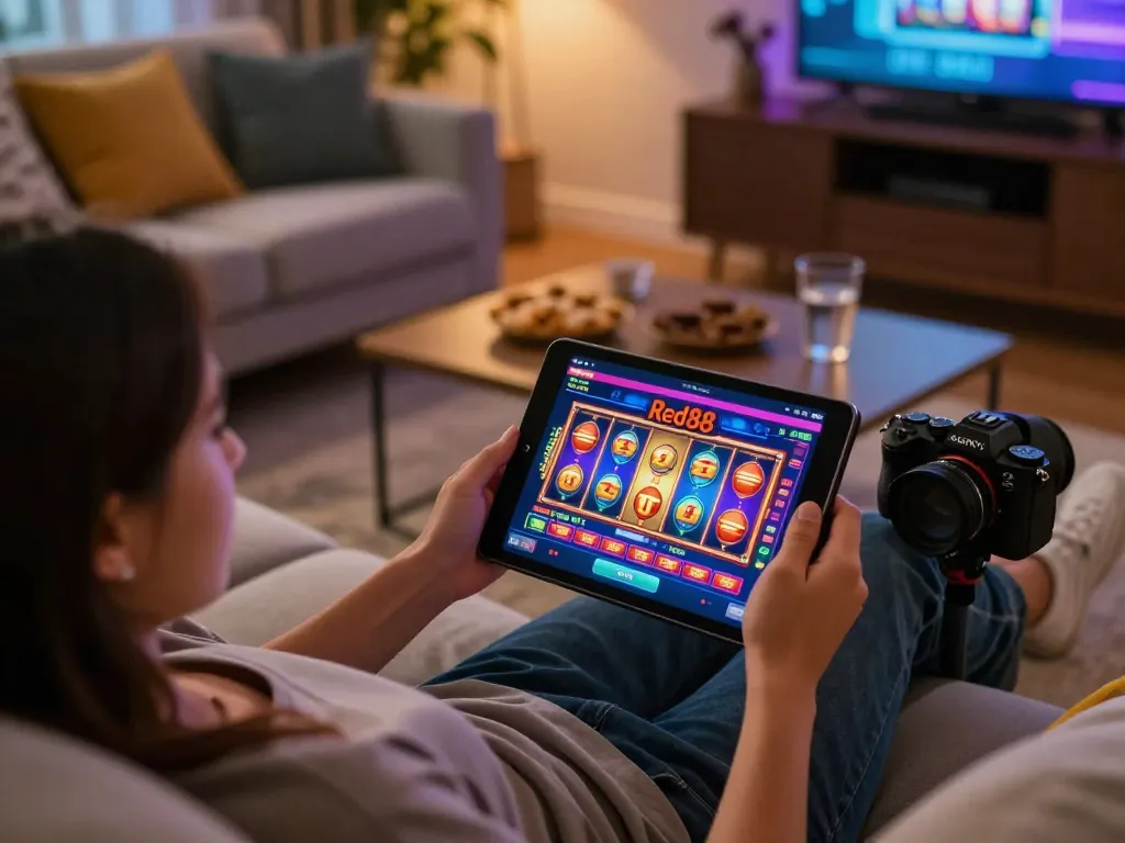 Engaging with the Link vào Red88 app on a tablet, showcasing vibrant slot gameplay at home.