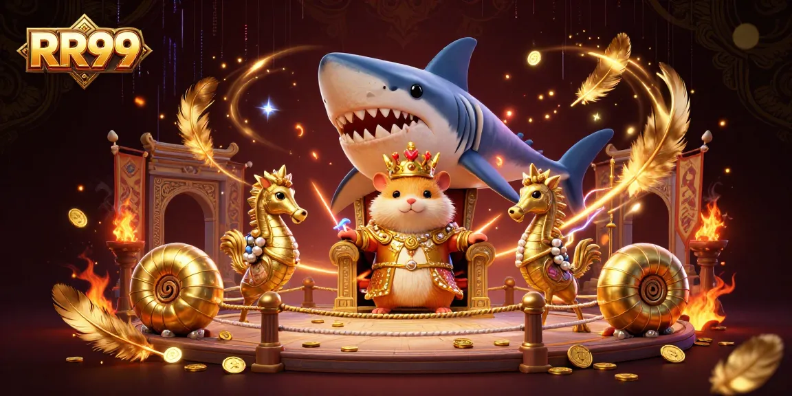 Experience exciting RR99 gaming with a fierce hamster king and seahorse guards in this vibrant 3D illustration.