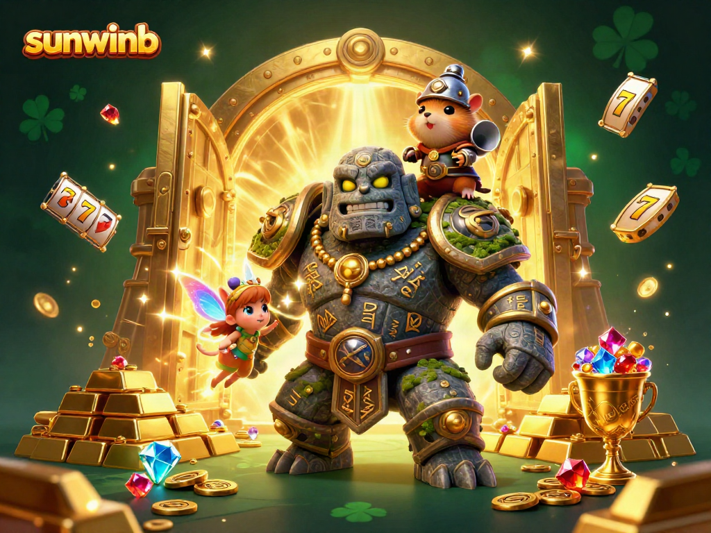 Experience excitement with sunwinb in this vibrant 3D casino illustration featuring magical characters.