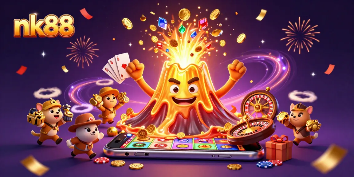 Experience thrilling gameplay and treasure at nk88 with an erupting golden volcano and vibrant slots.