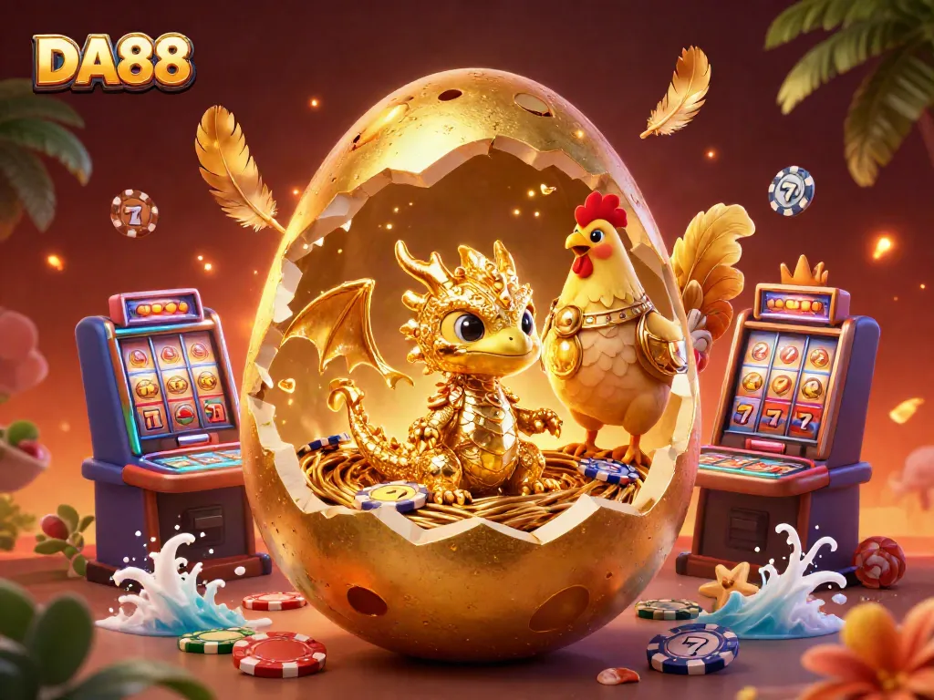 Engage with DA88's golden dragon guarding poker chips amidst vibrant casino elements.