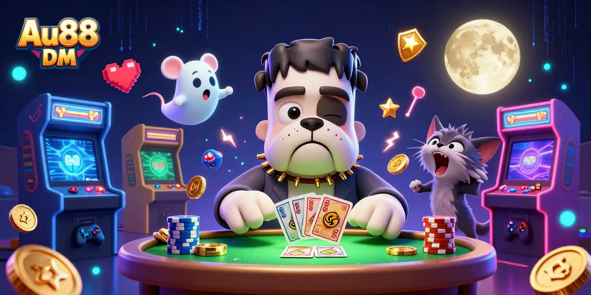 Join the excitement at Au88 DM with lively 3D characters dealing cards amidst vibrant casino elements.