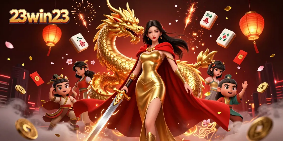 Experience the thrilling atmosphere of 23win23 with a captivating scene of a warrior queen and golden dragon amidst casino elements.