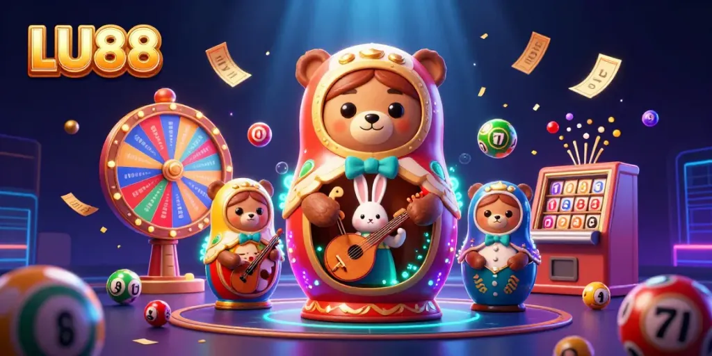 Experience excitement with LU88's thrilling casino scene featuring colorful games and vibrant characters.