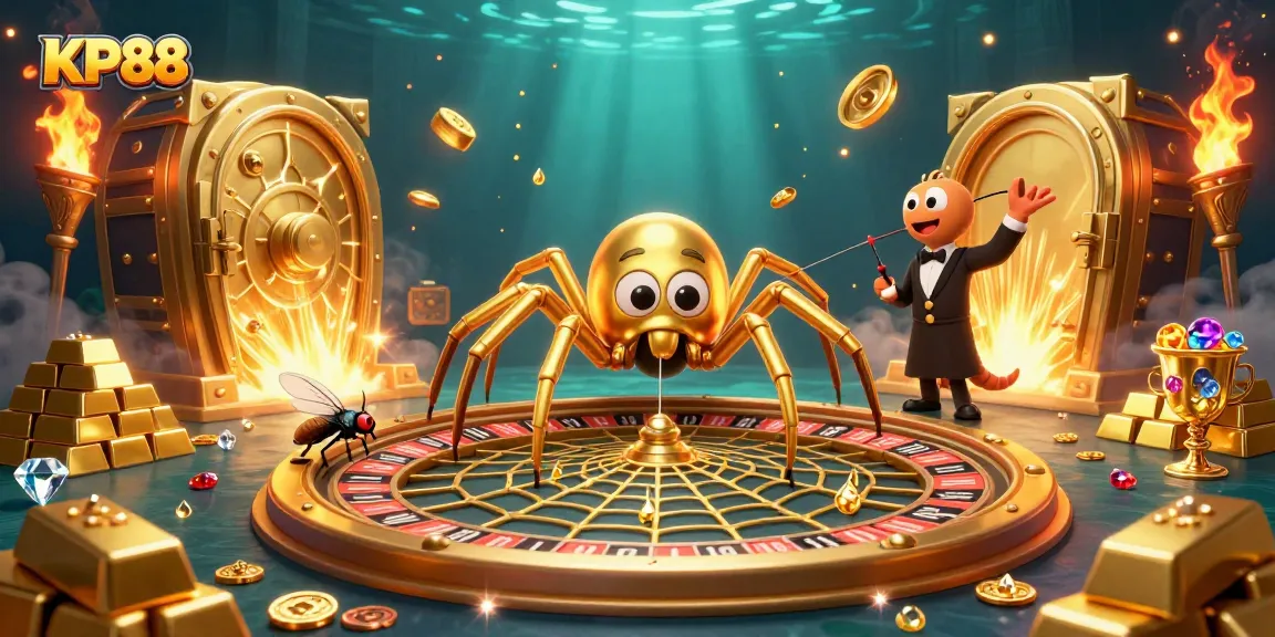 Place bets at KP88's roulette wheel with golden spider and centipede croupier in a dazzling casino scene.