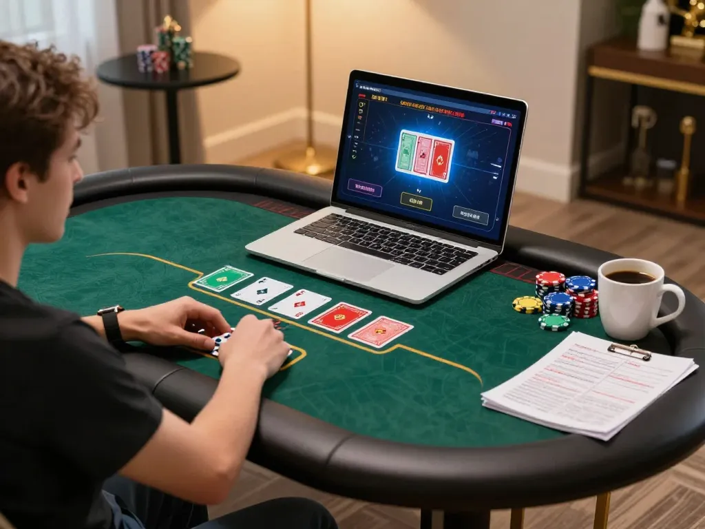 Engaging in a virtual poker game on Uk 88 platform with vibrant card displays and strategic notes.