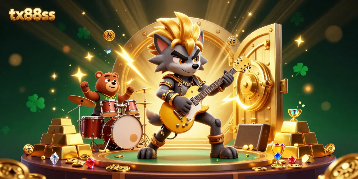 Experience excitement at tx88ss with vibrant 3D casino elements featuring a rock star wolf and treasure vault.
