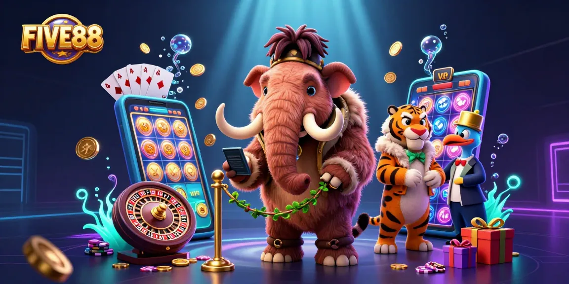 FIVE88's exclusive casino entry featuring a woolly mammoth bouncer and VIP saber-tooth tiger guest.