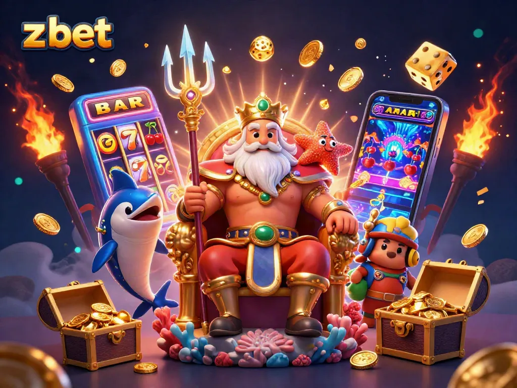 Spin the reels with z bet at a vibrant casino scene featuring Neptune and treasure!