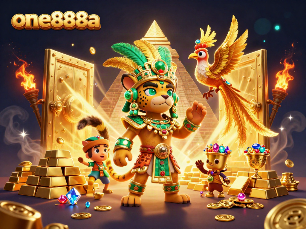 Win big prizes at one888a, featuring a vibrant Mayan-themed casino scene with golden elements.