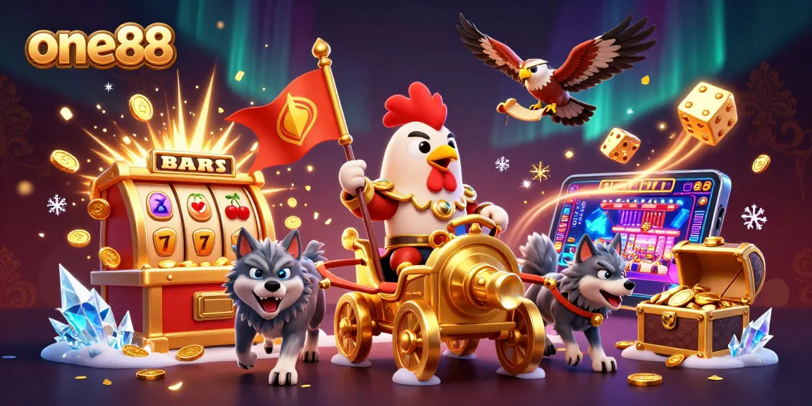 Experience adventure and winnings at one88 with a thrilling 3D casino scene including slot machines, coins, and vibrant colors.