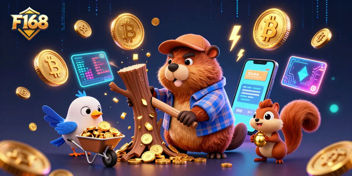 F168 entertains players with a dynamic scene featuring cartoon characters collecting coins in a vibrant casino setting.