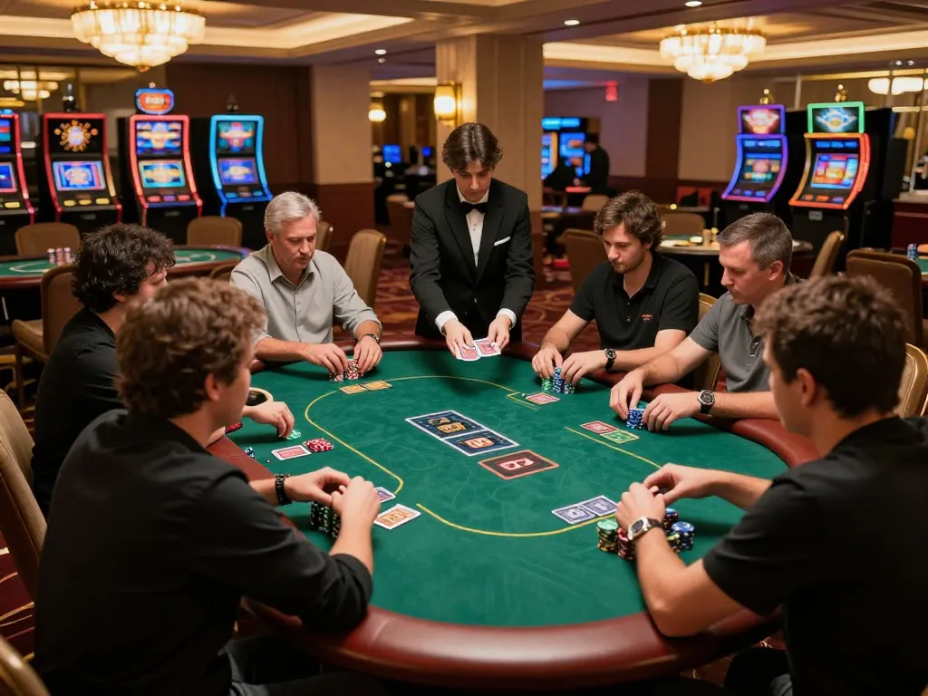 Players engaging in an intense poker game at 8kbet casino table, showcasing strategic decision-making and luxury ambiance.