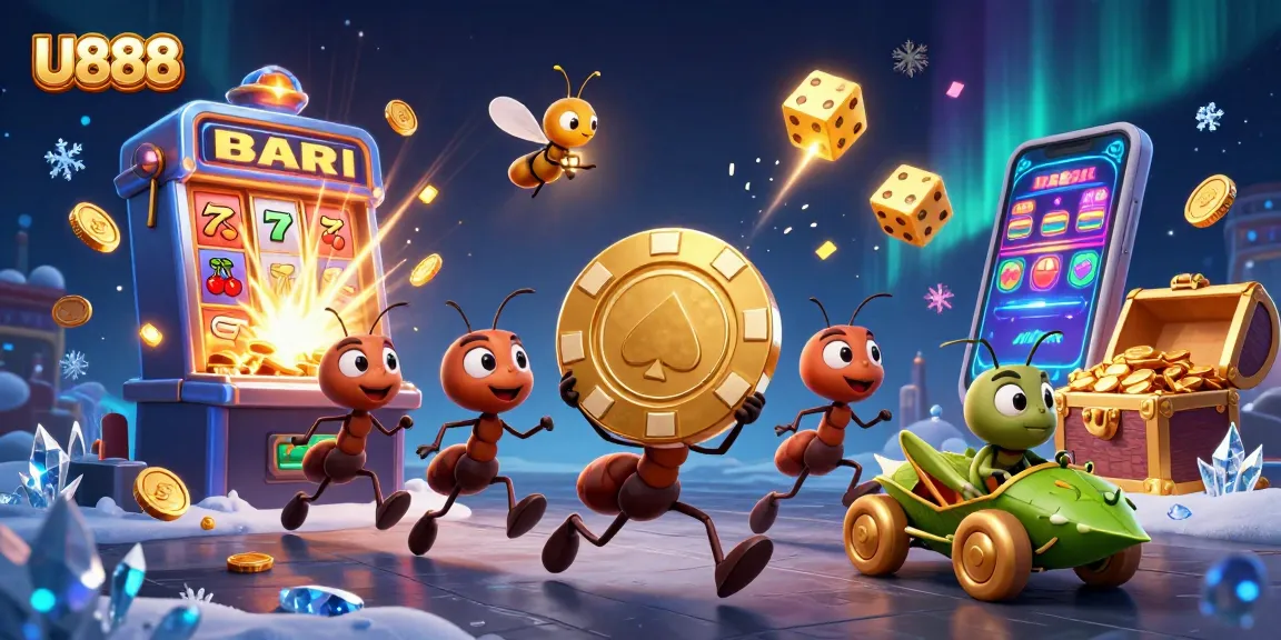 Experience excitement at U888 as ants carry a giant poker chip through a vibrant casino heist.