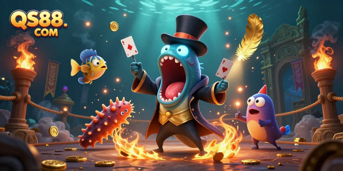 Experience the excitement of QS88. COM with a magical underwater casino scene, showing card tricks and vibrant elements.