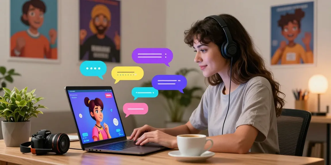 Engaging with nsfw character ai in a cozy home office setting, showcasing vibrant conversations on laptop.