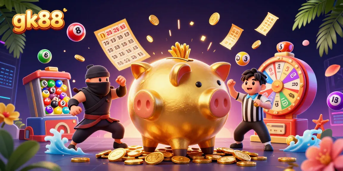 gk88 brings excitement with colorful elements and cartoon characters of a piggy bank, ninja, and referee