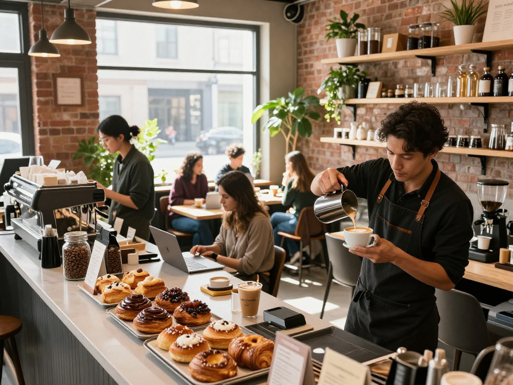 The lively rokok88 coffee shop scene with barista pouring latte art and fresh pastries in view, capturing vibrant café culture.