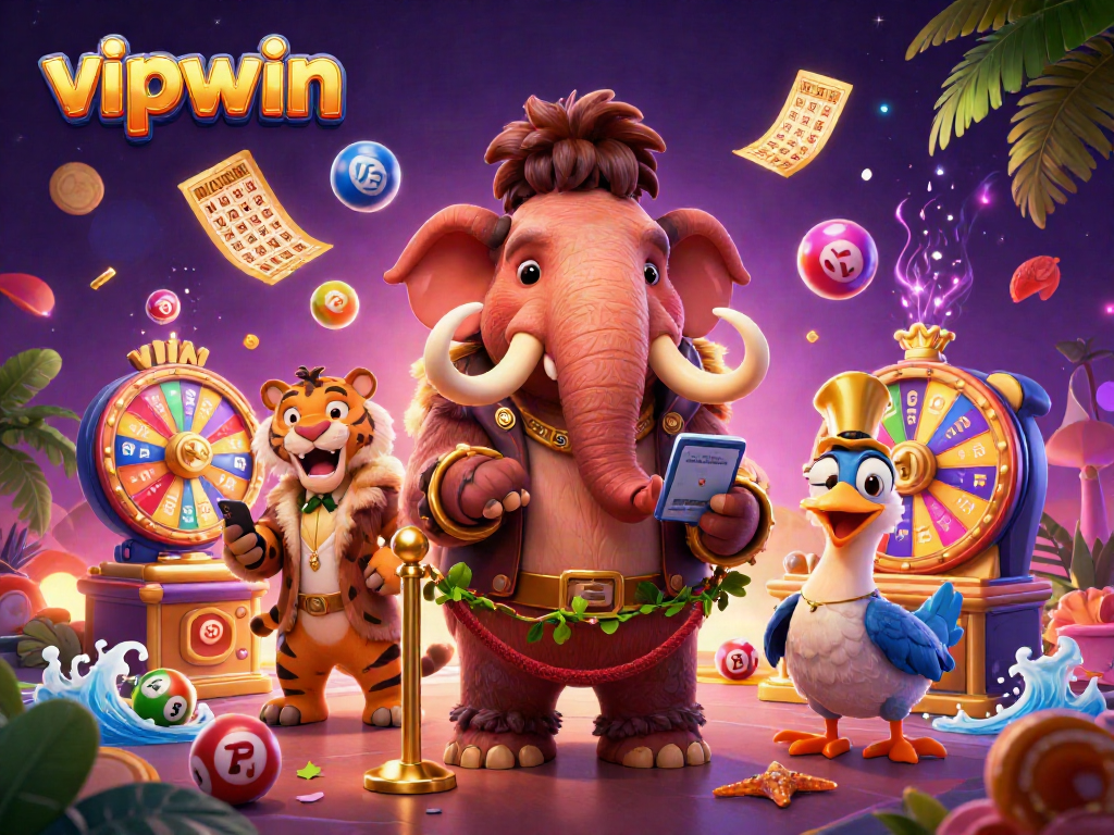 Engage with vipwin's vibrant casino scene featuring dynamic lottery elements and lively characters.