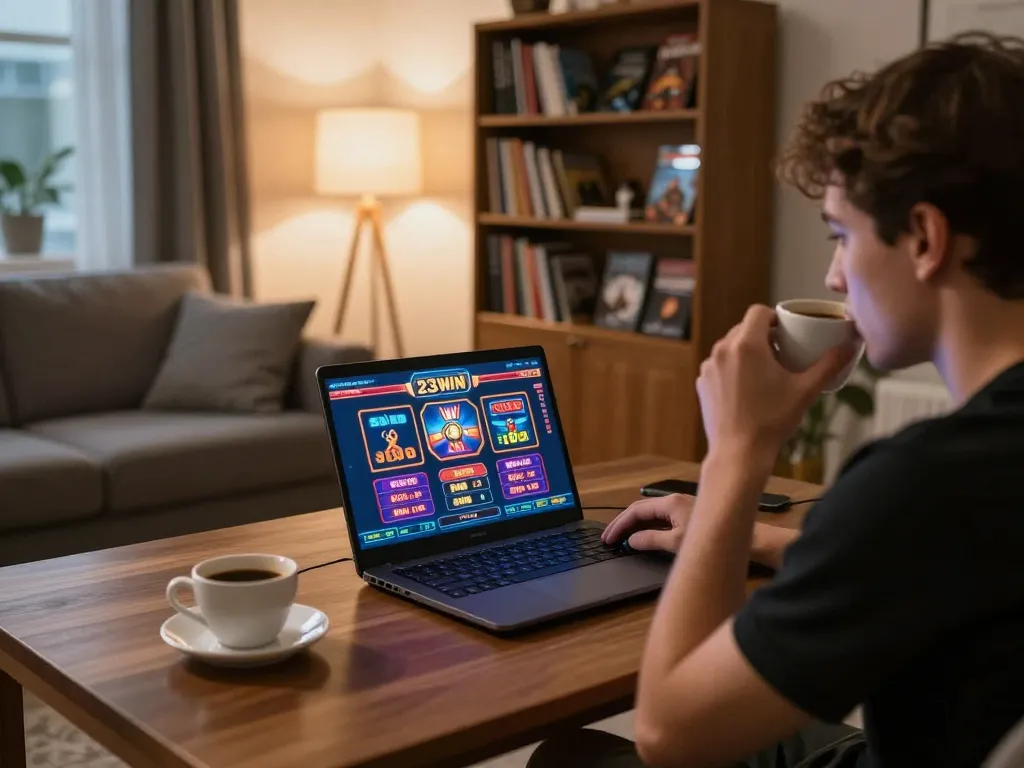 Engaged player enjoying 23WIN online casino games on a laptop in a cozy living room setting.