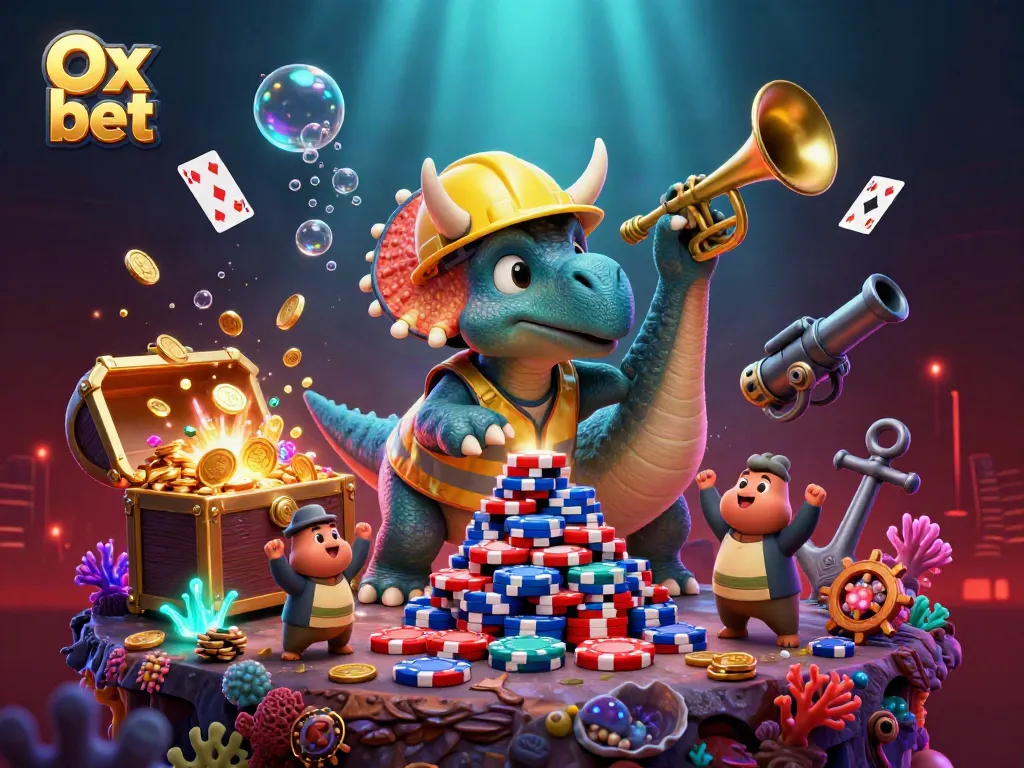 Bet big with Ox bet in a colorful 3D casino scene filled with playful dinosaurs and casino elements.