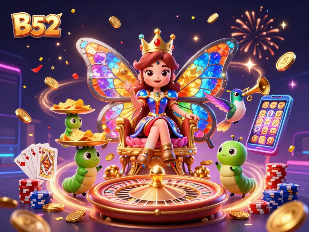 B 52 engages players with thrilling casino action featuring a butterfly queen, gold coins, and a dynamic roulette.