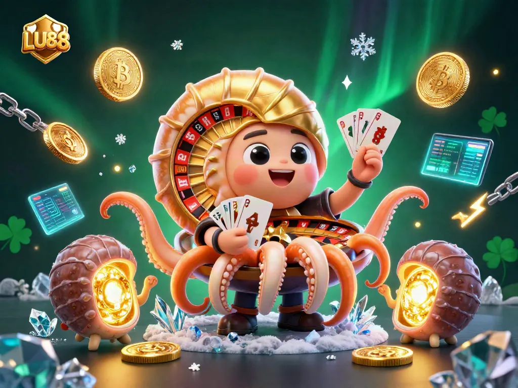 Experience the thrill of LU88 with a dynamic casino scene showcasing a giant nautilus roulette and glowing crypto elements.